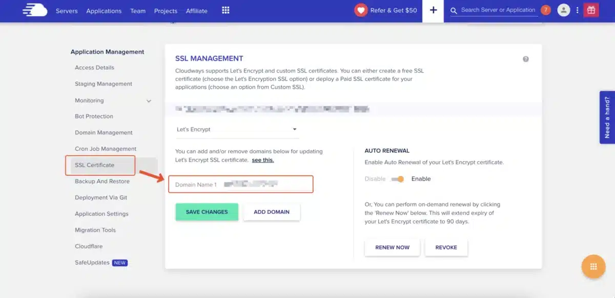 screenshot of hosting account showing where to enable the SSL certificate.