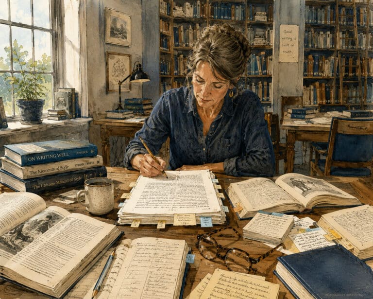 A woman reviews and annotates a manuscript at a library table surrounded by books and working notes.