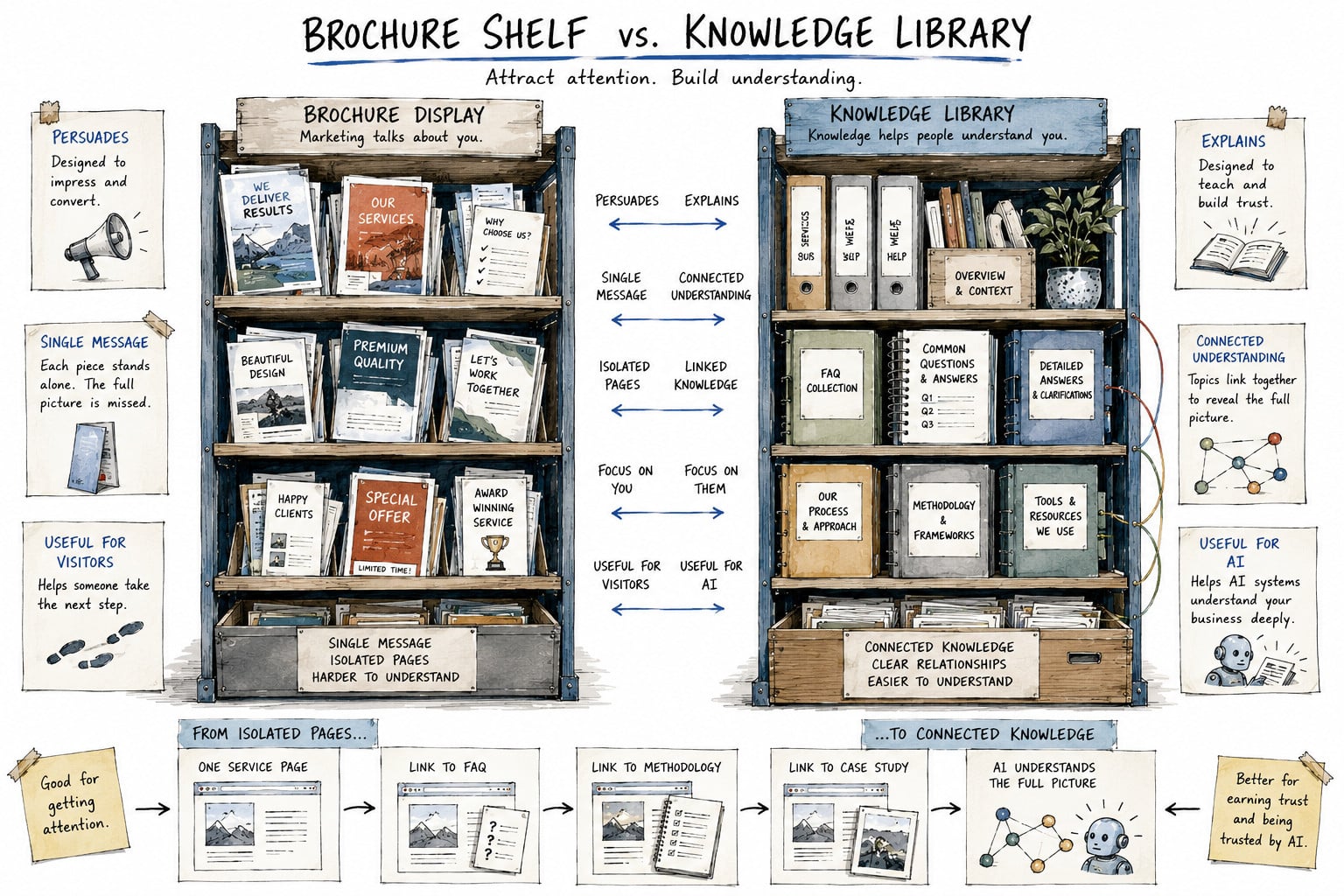 Comparison of a marketing brochure display and an organized knowledge library showing the difference between persuasion and connected understanding.