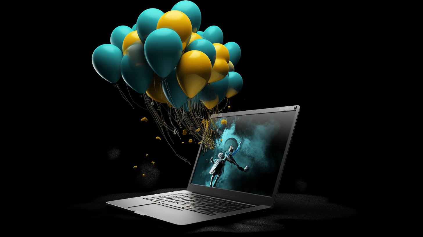 celebrating laptop success, illustration of laptop and balloons.
