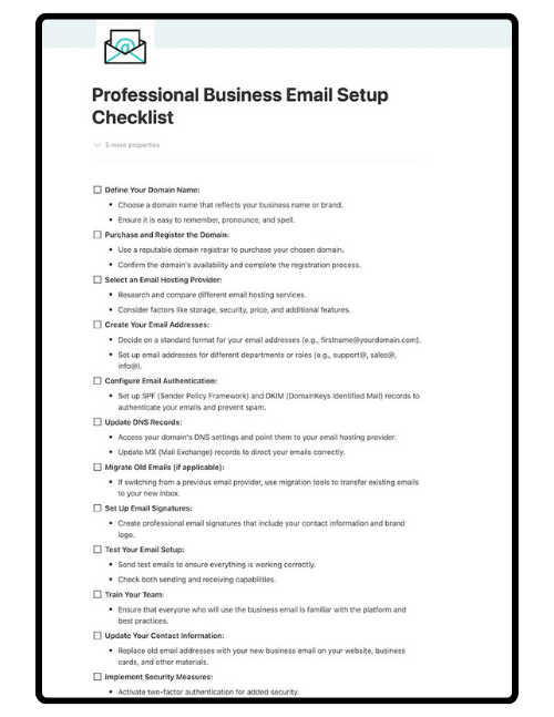 email setup checklist download.