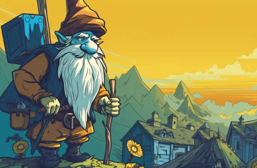 illustration of a gnome watching over the village keeping it safe.