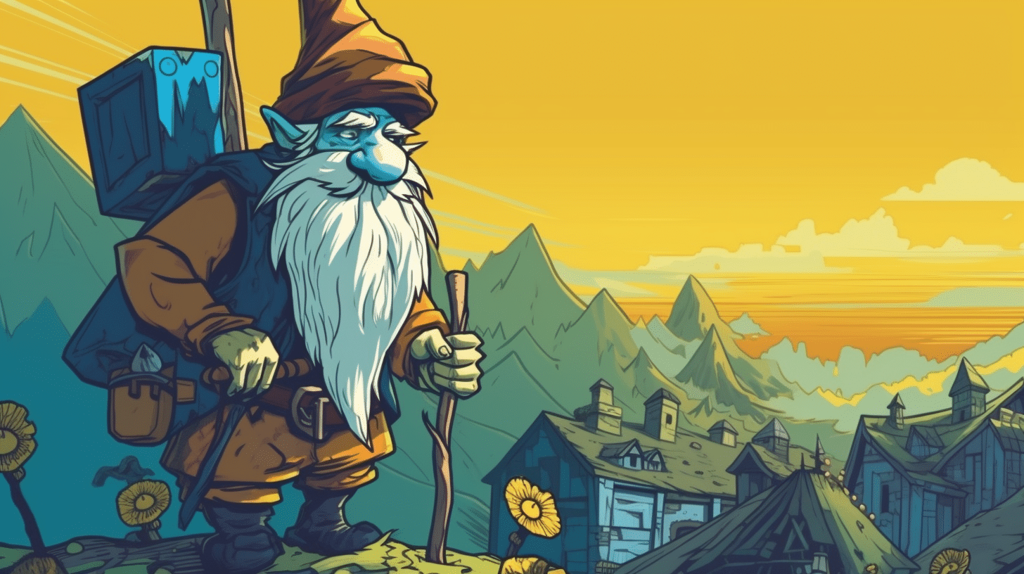 illustration of a gnome watching over the village keeping it safe.