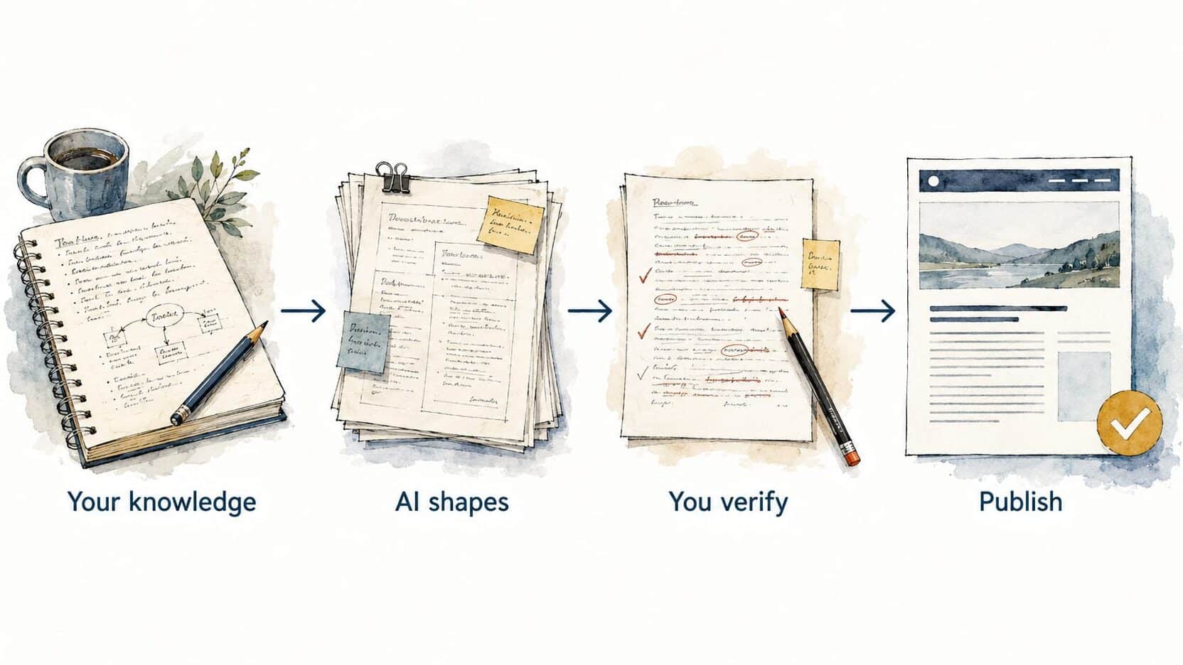 Four-step publishing workflow showing your knowledge, AI shaping the material, human verification, and publication.