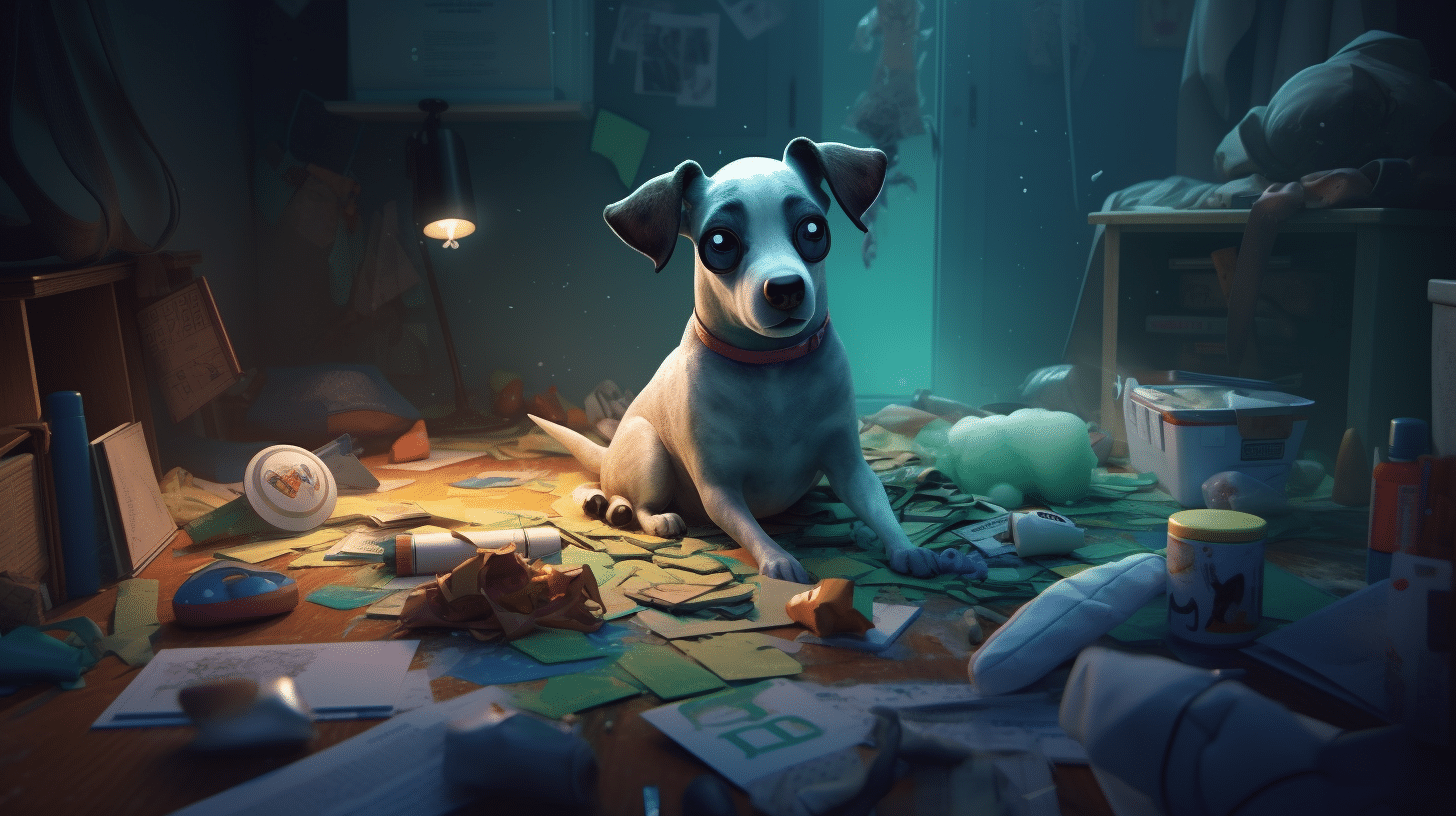 illustration of a puppy lost among a lot of clutter.