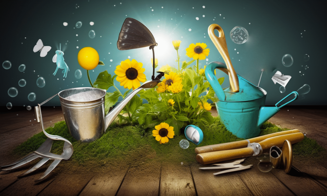 the concept of organic web marketing , include elements such as gardening tools, create flowers or seeds from web marketing icons.