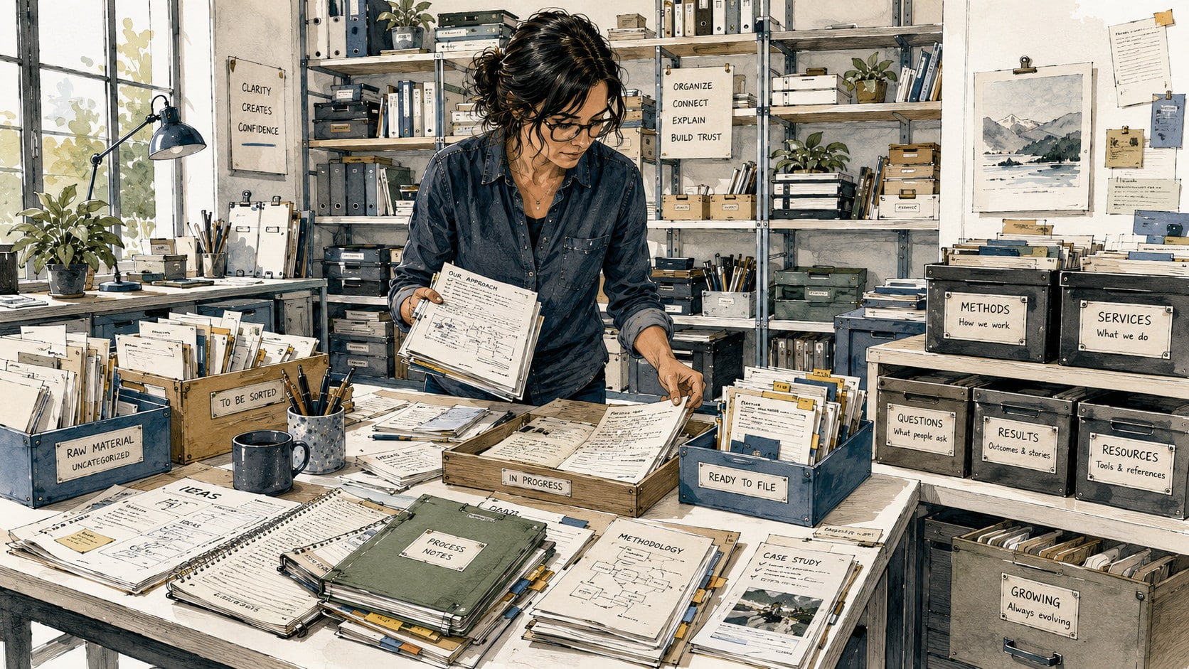 Woman organizing years of business documents into a modern archival workspace, illustrating the shift from scattered information to a connected knowledge base.