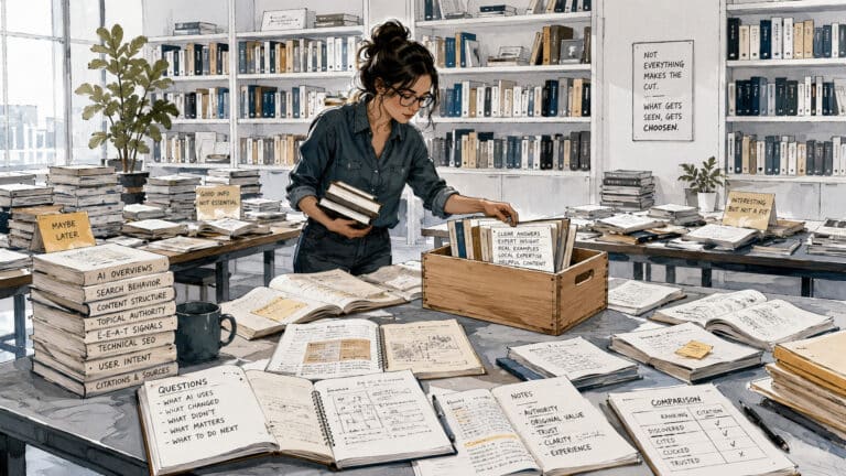 Woman in a modern research library sorting a small selection of books from a much larger collection, representing the shift from information gathering to deciding what deserves visibility.