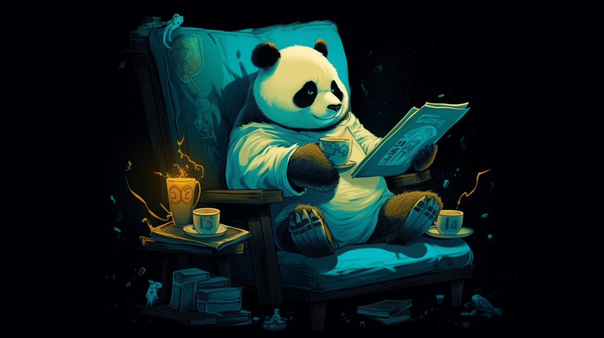 illustration of a panda scanning the web enjoying morning coffee.