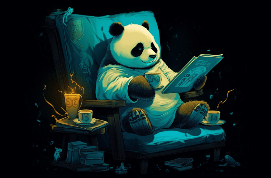 illustration of a panda scanning the web enjoying morning coffee.