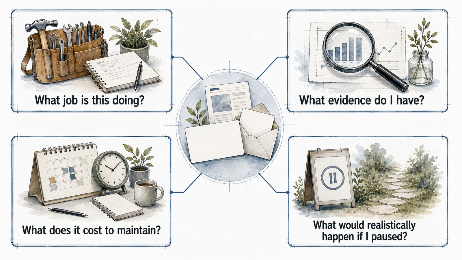 Four-question guide for evaluating a marketing channel by its job, evidence, maintenance cost, and the realistic effect of pausing.