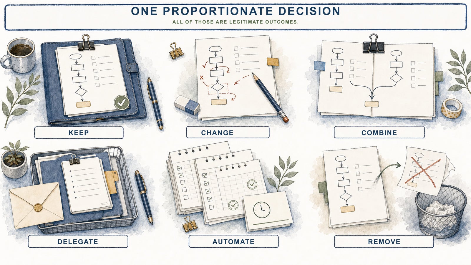 Six watercolor-and-ink desk vignettes show equally weighted choices to keep, change, combine, delegate, automate, or remove part of a business process.