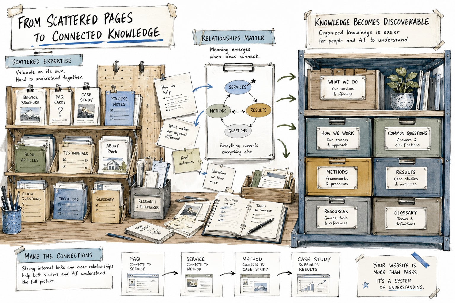 Illustrated workshop wall showing scattered business information being organized into connected knowledge that is easier for people and AI to understand.