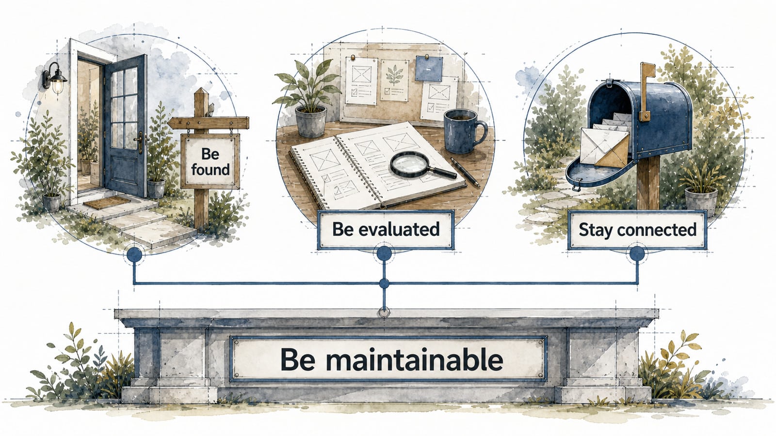 Illustrated framework showing the three visibility jobs—being found, evaluated, and connected—supported by a maintainable foundation.
