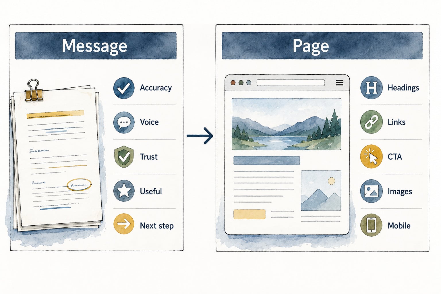 Two-stage review graphic comparing message checks for accuracy, voice, trust, usefulness, and next step with page checks for headings, links, calls to action, images, and mobile display.