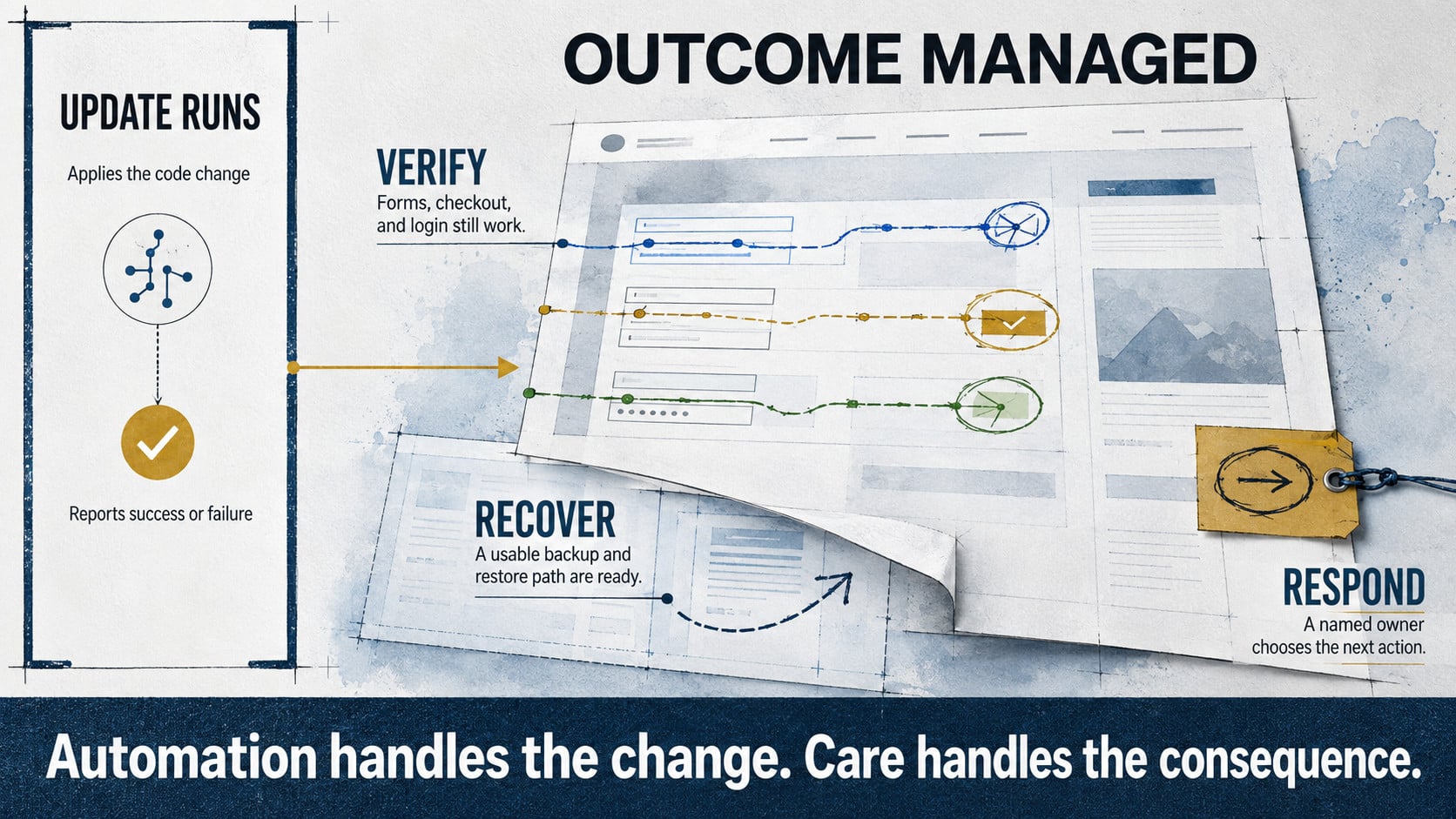 Two connected panels compare “Update runs” with “Outcome managed,” including checks, recovery, and ownership.