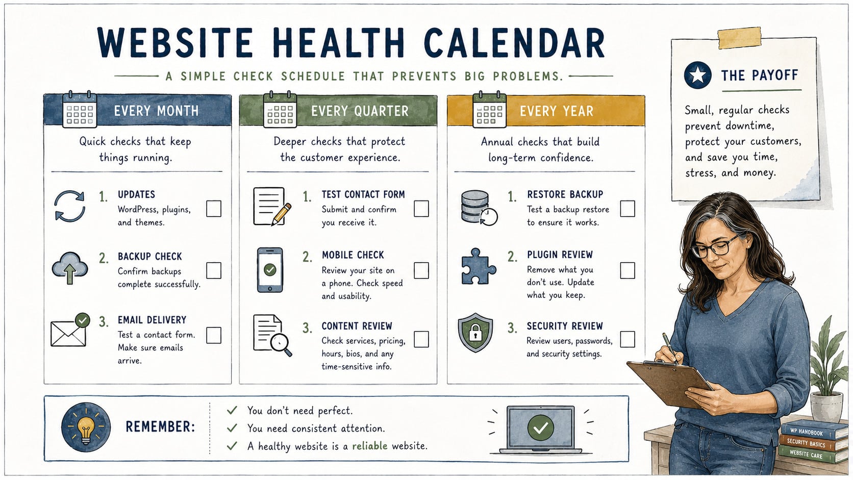 Illustrated website health maintenance calendar showing monthly, quarterly, and yearly website checks, including updates, backups, content reviews, mobile testing, and security reviews to help prevent larger problems.