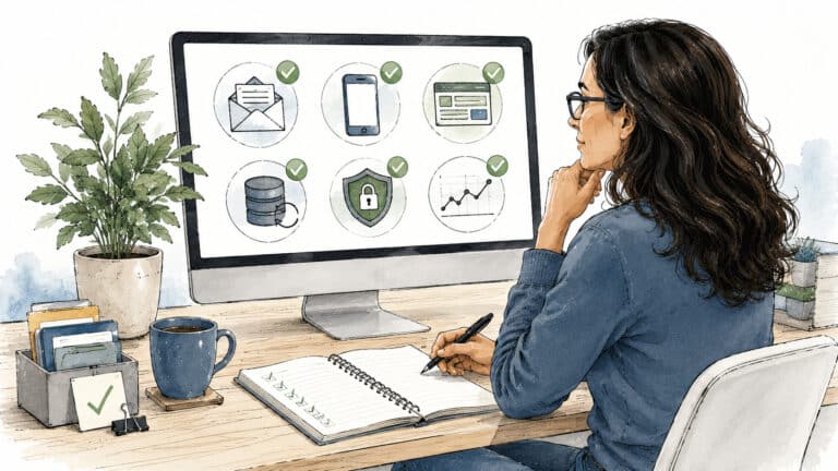 Illustrated website health command center showing a trusted guide reviewing a visual dashboard with website reliability checks including contact forms, mobile usability, backups, updates, accurate content, and ongoing monitoring.