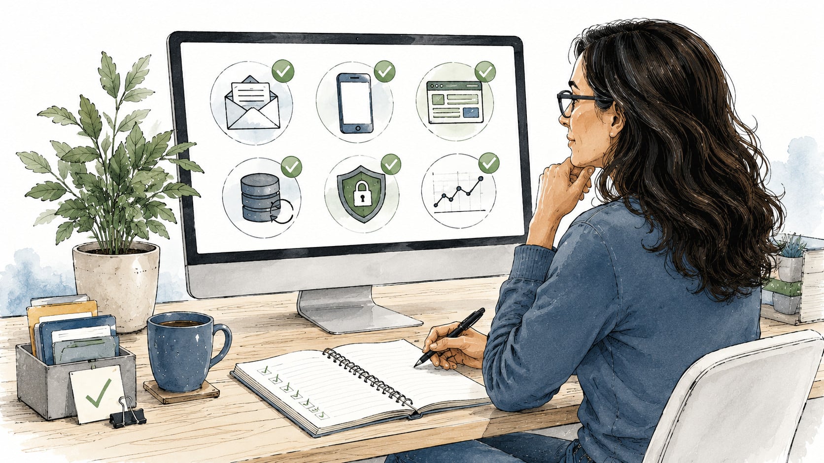 Illustrated website health command center showing a trusted guide reviewing a visual dashboard with website reliability checks including contact forms, mobile usability, backups, updates, accurate content, and ongoing monitoring.