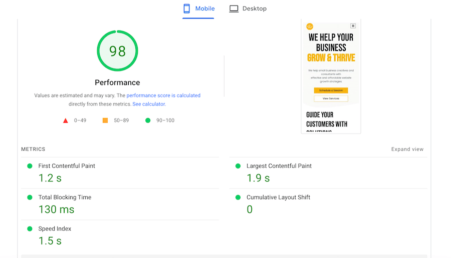 A screenshot of a website speed test, such as one from Google PageSpeed Insights, improving site speed.