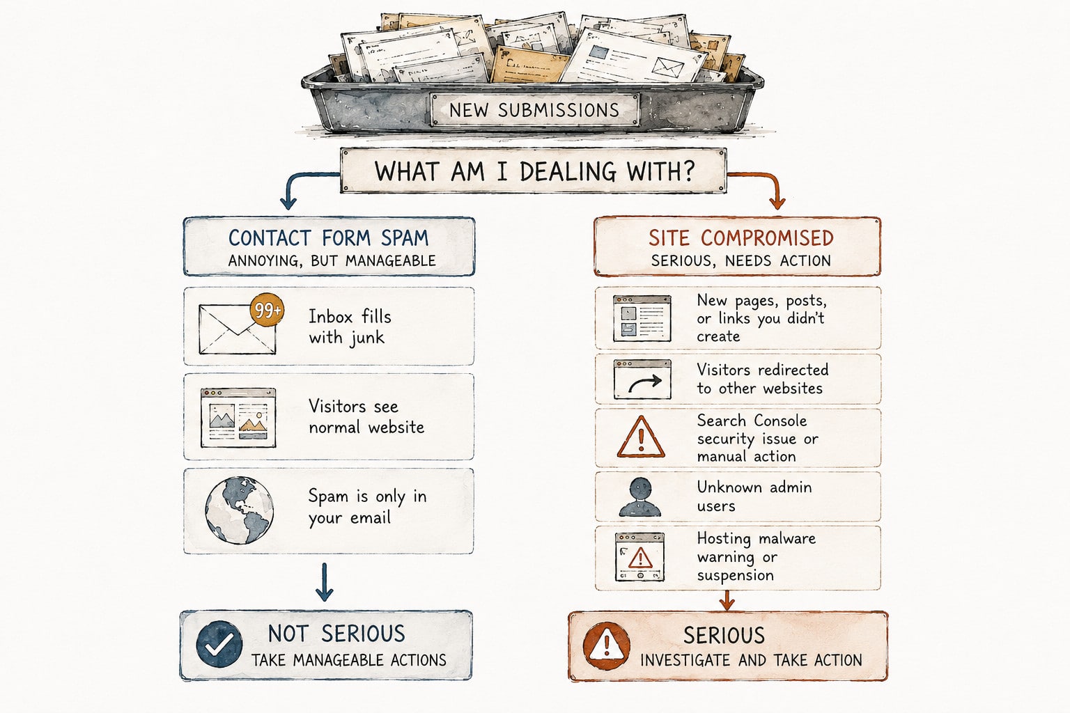 Decision tree comparing contact form spam with signs of a compromised website, helping readers determine whether they are facing a manageable spam problem or a security issue that requires immediate investigation.