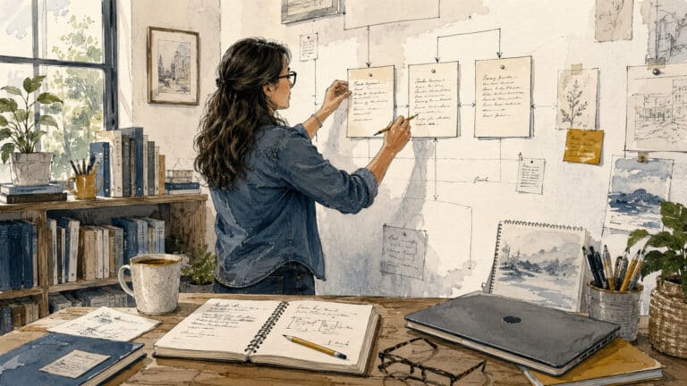 A small-business owner reviews connected notes on a wall before deciding what action to take.