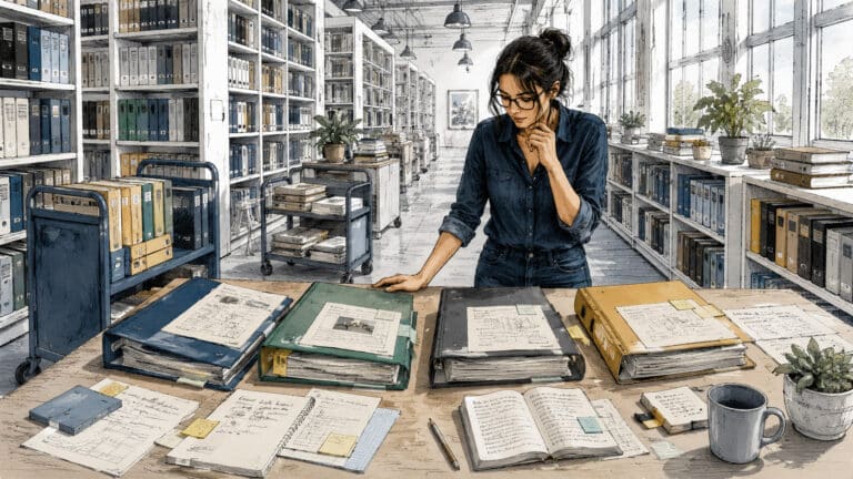 Woman in a modern reference library comparing a small shortlist of binders pulled from thousands of volumes, illustrating how buyers now evaluate options rather than search for them.